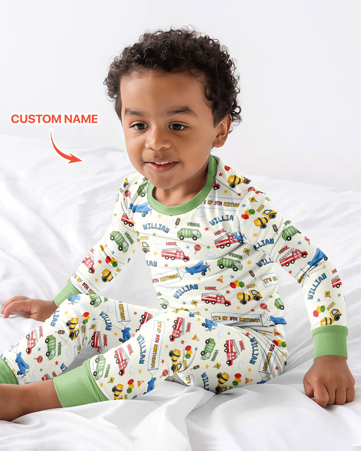 Personalized Transportation Birthday Bamboo Two Piece Long Sleeve Pajama Set