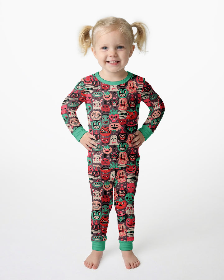 Retro Halloween Monsters Ghost Pumpkin Mummy Bamboo Two Piece Long Sleeve Pajama Set