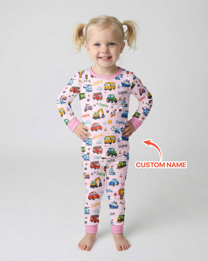 Custom Name Cute Transport Bamboo Two Piece Long Sleeve Pajama Set