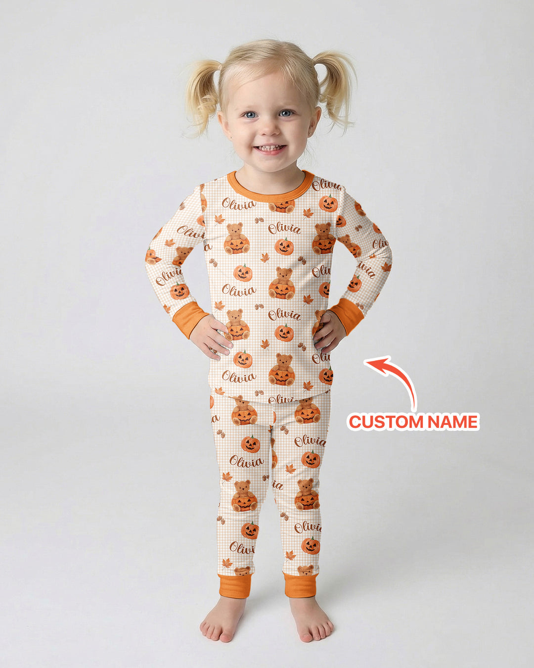 Custom Name Pumpkin Teddy Bamboo Two Piece Long Sleeve Pajama Set