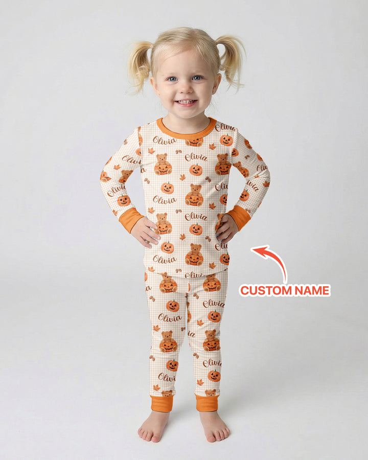 Custom Name Pumpkin Teddy Bamboo Two Piece Long Sleeve Pajama Set