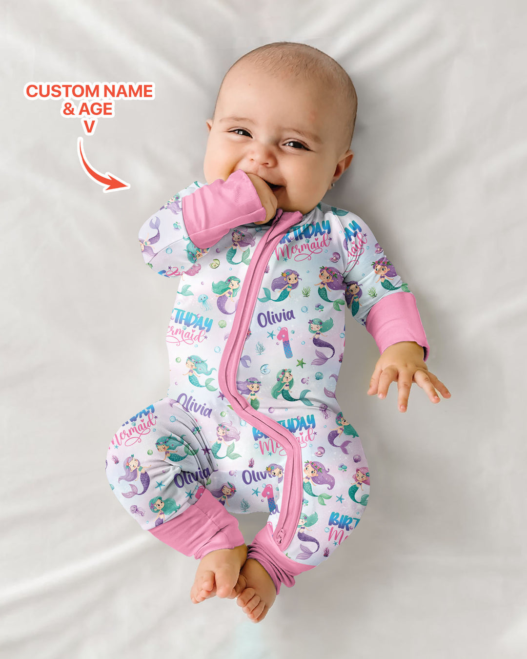 Custom Name and Age Birthday Mermaid Bamboo Convertible Zippy