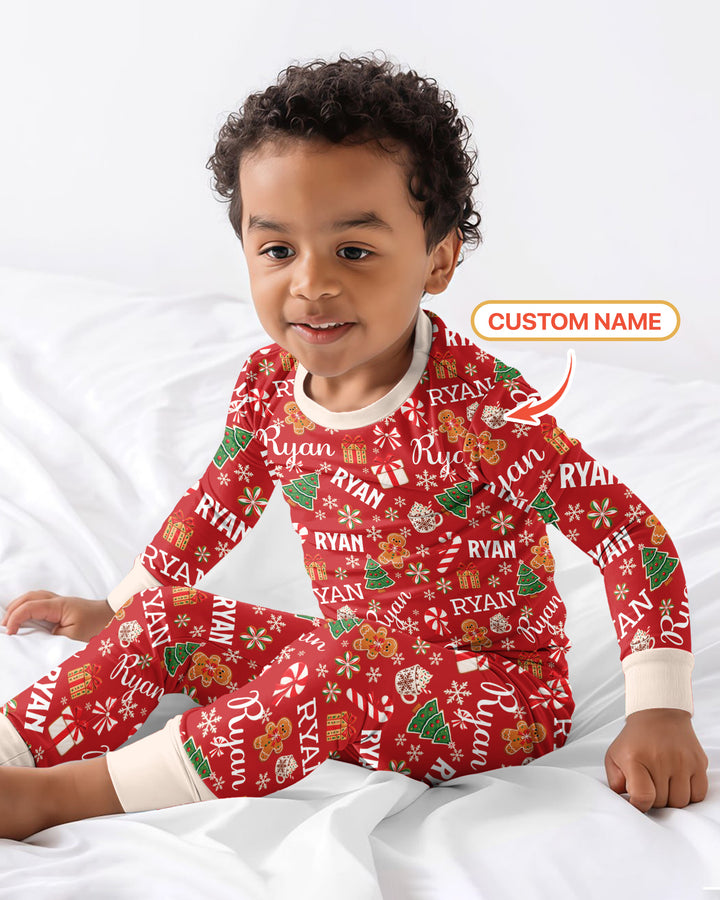 Merry Christmas Custom Name Bamboo Two Piece Long Sleeve Pajama Set