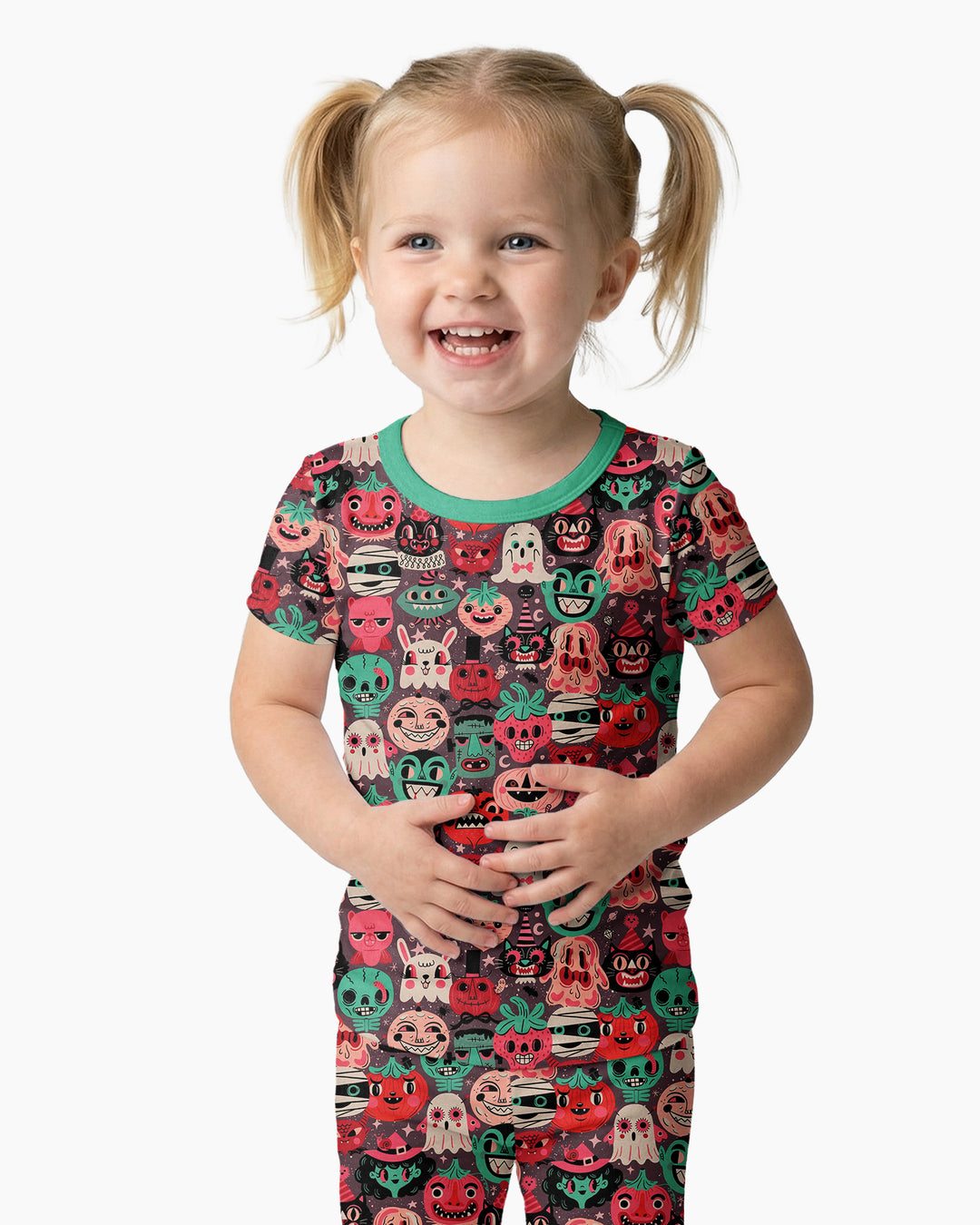Retro Halloween Monsters Ghost Pumpkin Mummy Bamboo Two Piece Short Sleeve Pajama Set