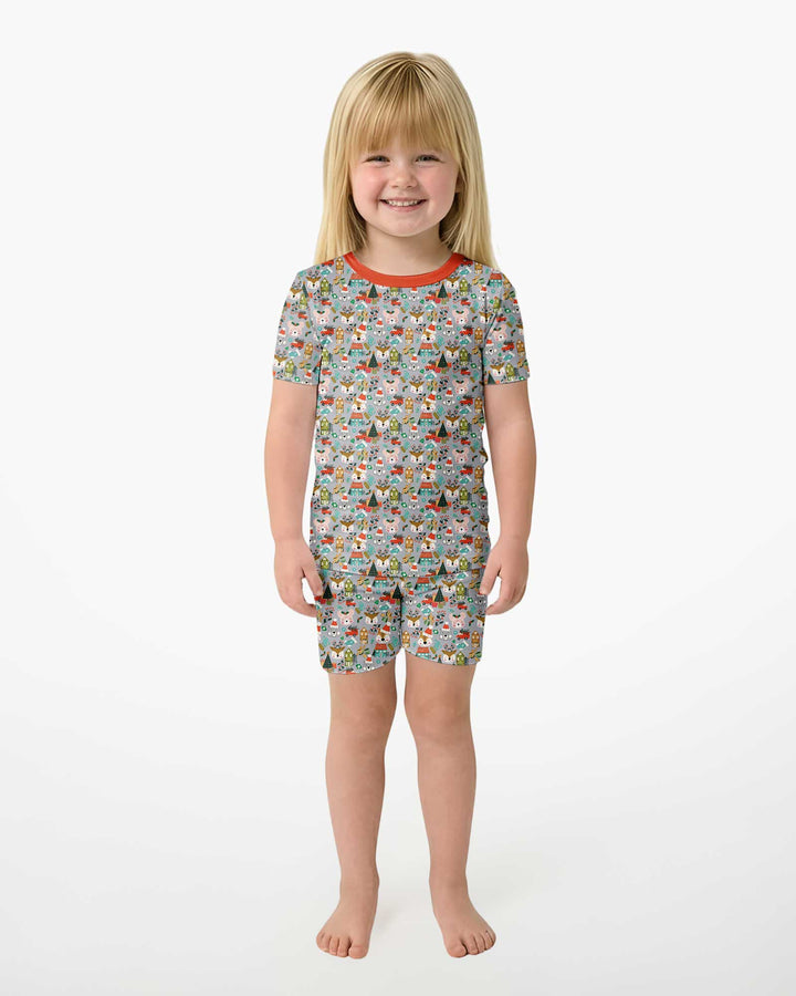 Christmas Woodland Deer Fox Bear Bamboo Two Piece Short Sleeve Shorts Pajama Set