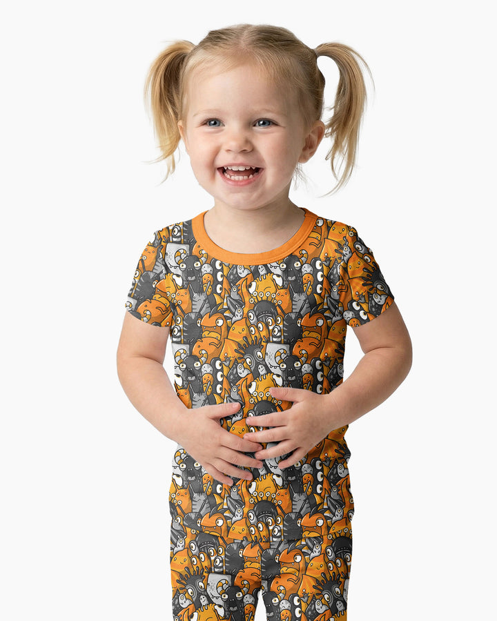 Colorful Doodle Monster Friends Bamboo Two Piece Short Sleeve Pajama Set