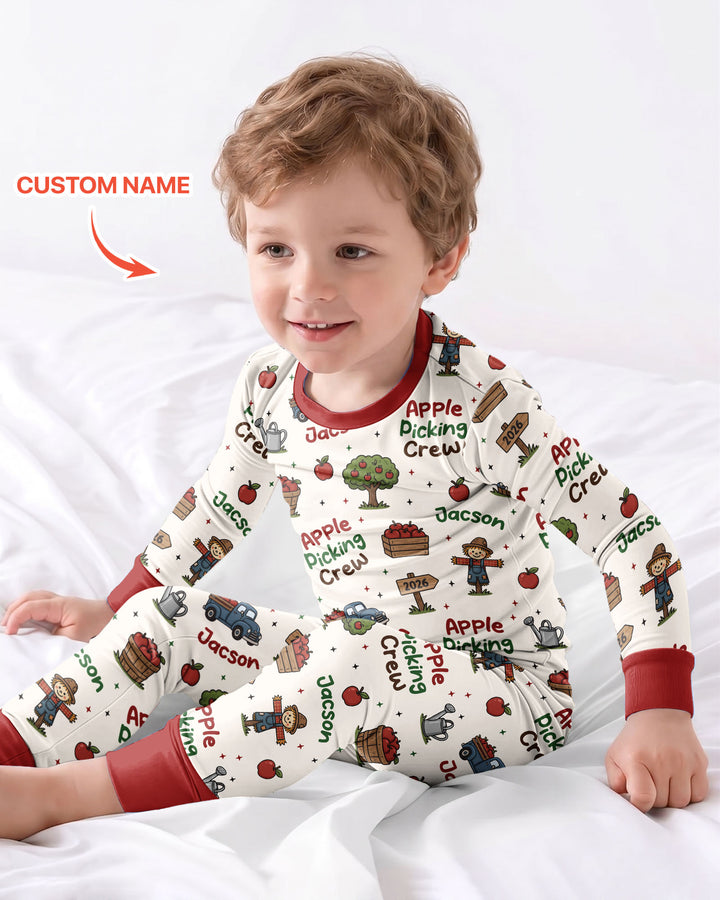 Custom Name Apple Picking Crew Bamboo Two Piece Long Sleeve Pajama Set