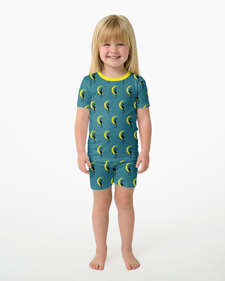 Black Cat Crescent Moon Celestial Night Bamboo Two Piece Short Sleeve Shorts Pajama Set