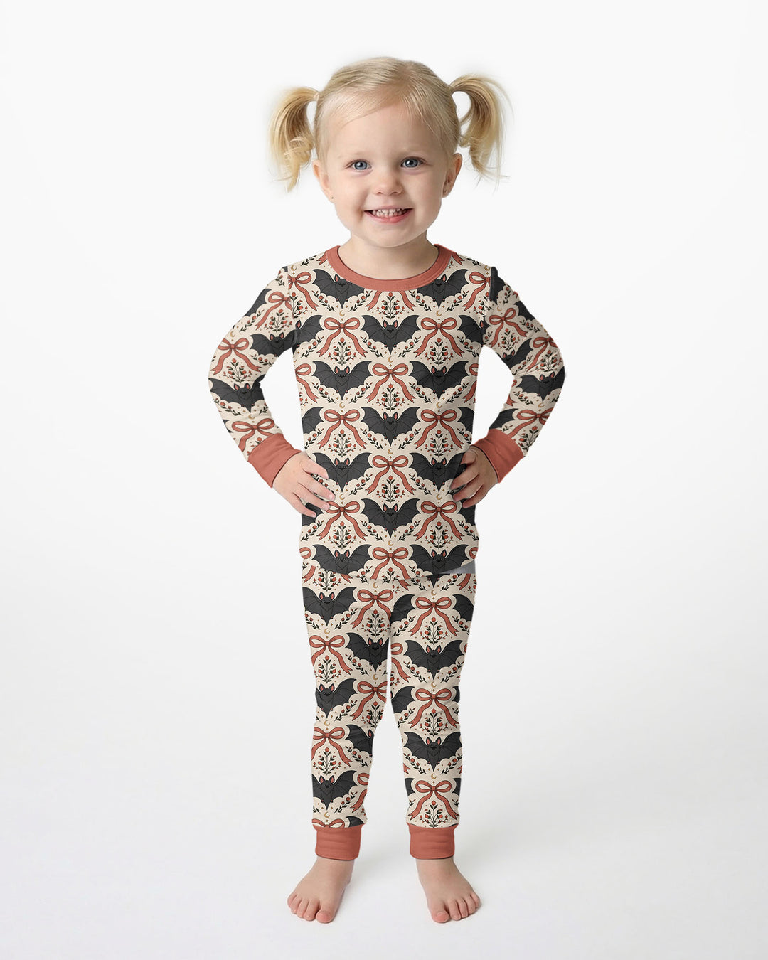 Gothic Bow Floral Bat Vintage Halloween Bamboo Two Piece Long Sleeve Pajama Set
