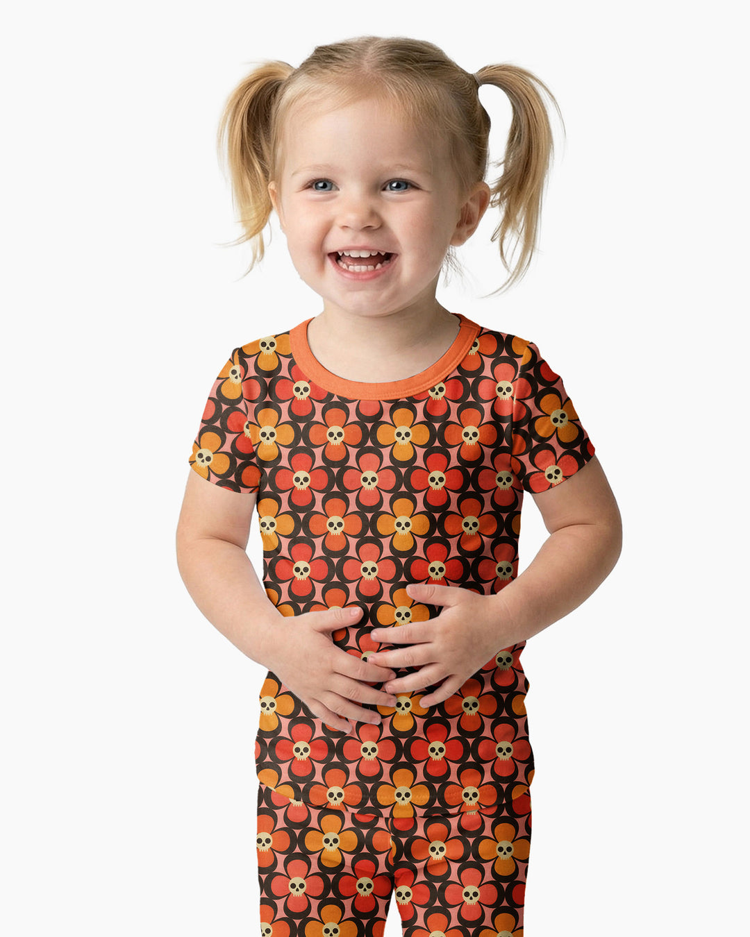 Retro Skull Flower Halloween Bamboo Two Piece Short Sleeve Pajama Set
