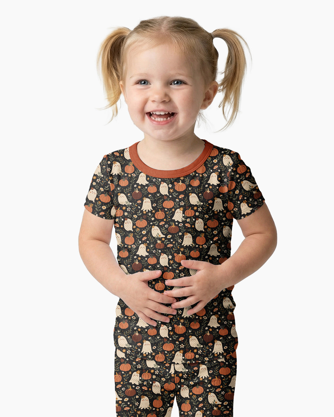 Ghost Pumpkin Harvest Floral Halloween Bamboo Two Piece Short Sleeve Pajama Set
