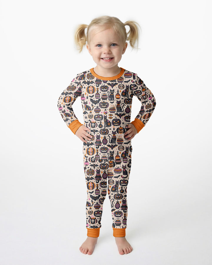 Whimsical Tribal Retro Halloween Black Cats Pumpkins Bamboo Two Piece Long Sleeve Pajama Set