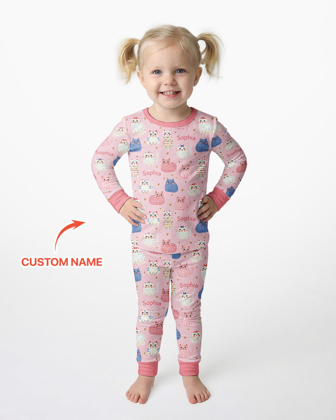 Custom Name Cute Pastel Cat Bamboo Two Piece Long Sleeve Pajama Set