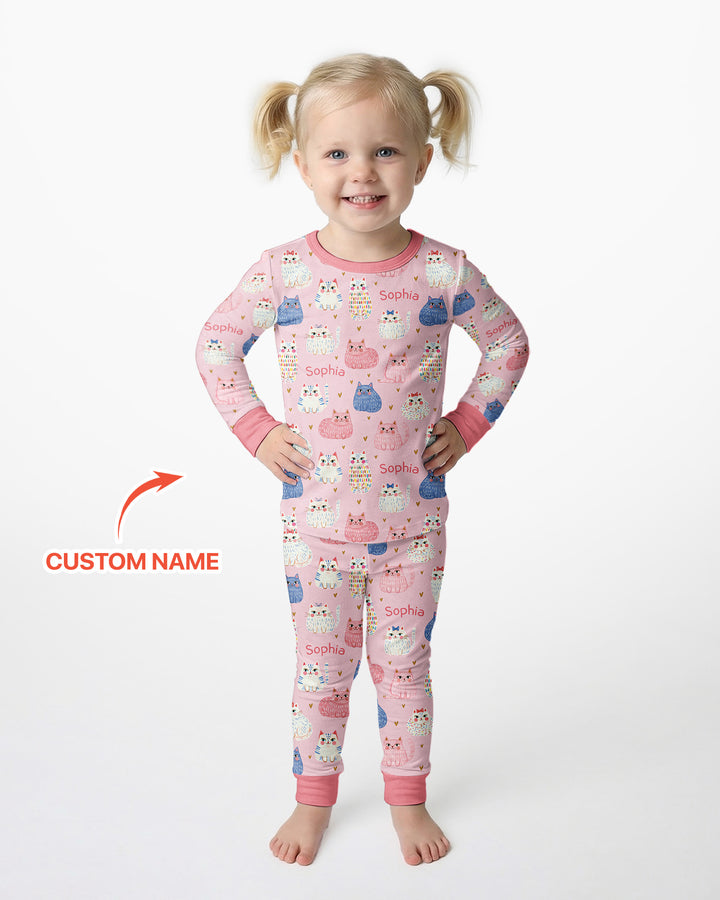 Custom Name Cute Pastel Cat Bamboo Two Piece Long Sleeve Pajama Set