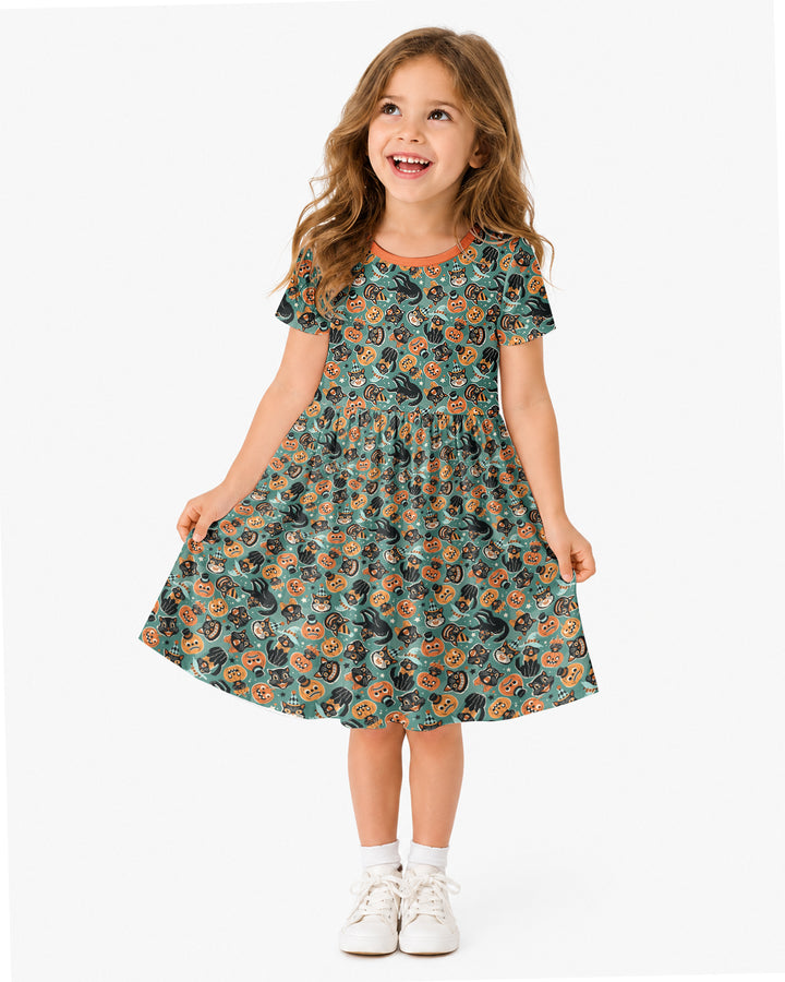 Retro Black Cat Witch Pumpkin Halloween Bamboo Twirl Dress