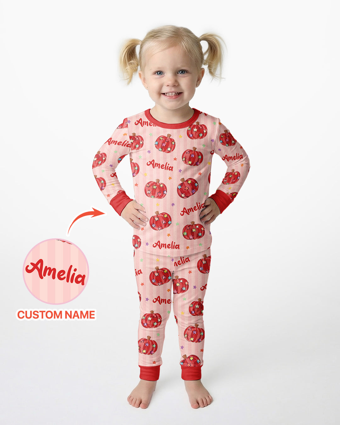 Colorful Star Pumpkin Custom Name Bamboo Two Piece Long Sleeve Pajama Set