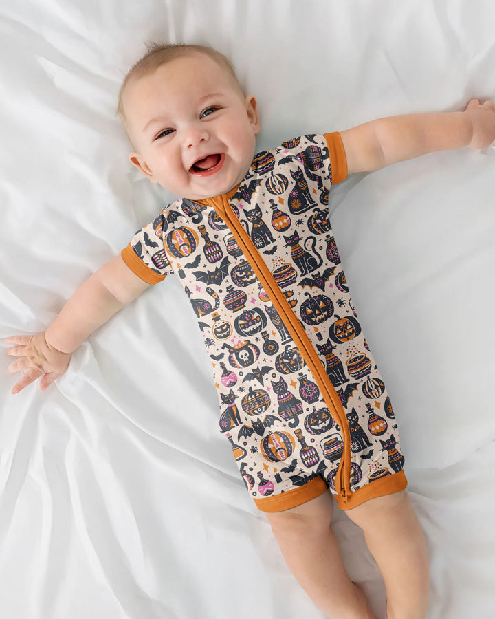 Whimsical Tribal Retro Halloween Black Cats Pumpkins Bamboo Shorty Zippy