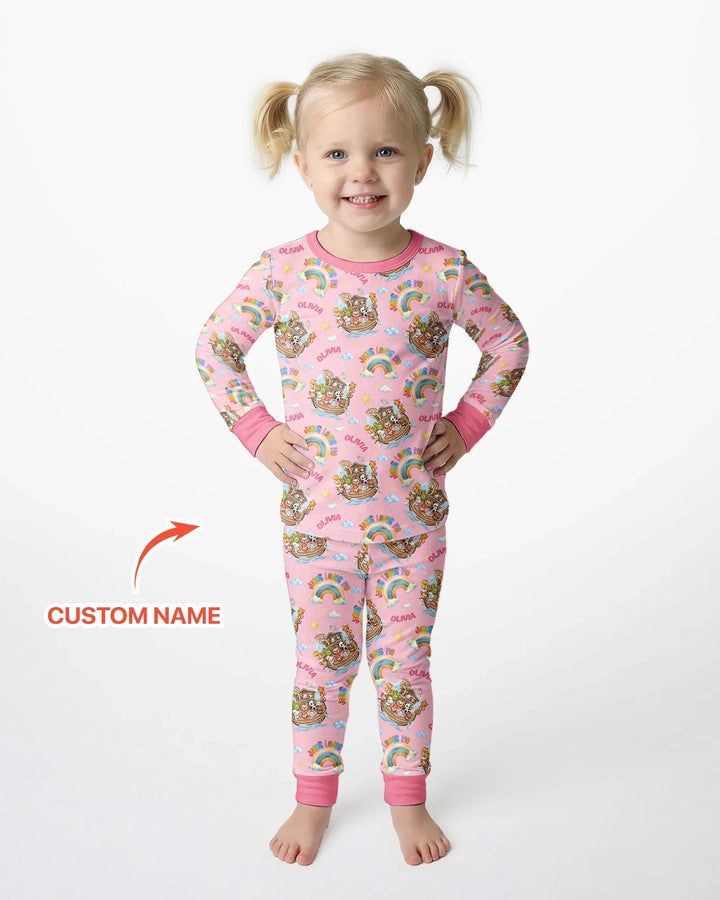 Custom Name Jesus Loves Me Noah's Ark Bamboo Two Piece Long Sleeve Pajama Set