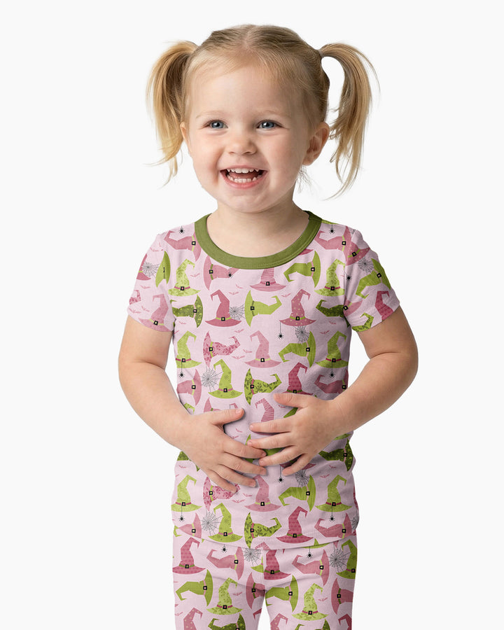 Pink Witch Hat Halloween Bamboo Two Piece Short Sleeve Pajama Set