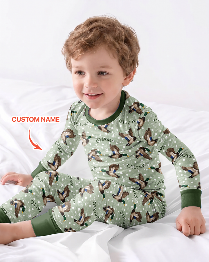 Custom Name Flying Mallard Duck Bamboo Two Piece Long Sleeve Pajama Set