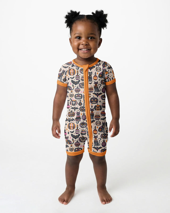 Whimsical Tribal Retro Halloween Black Cats Pumpkins Bamboo Shorty Zippy