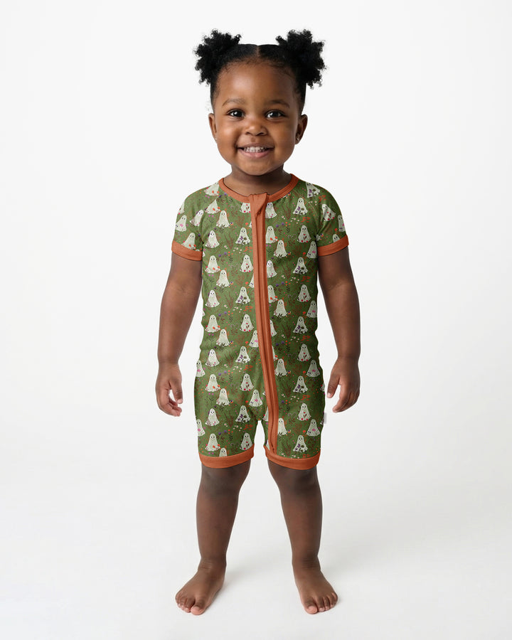 Cute Ghost Halloween Moss Green Floral Bamboo Shorty Zippy