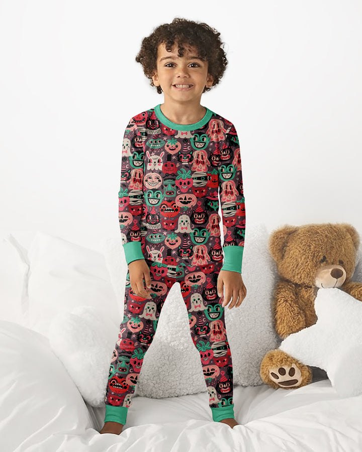 Retro Halloween Monsters Ghost Pumpkin Mummy Bamboo Two Piece Long Sleeve Pajama Set