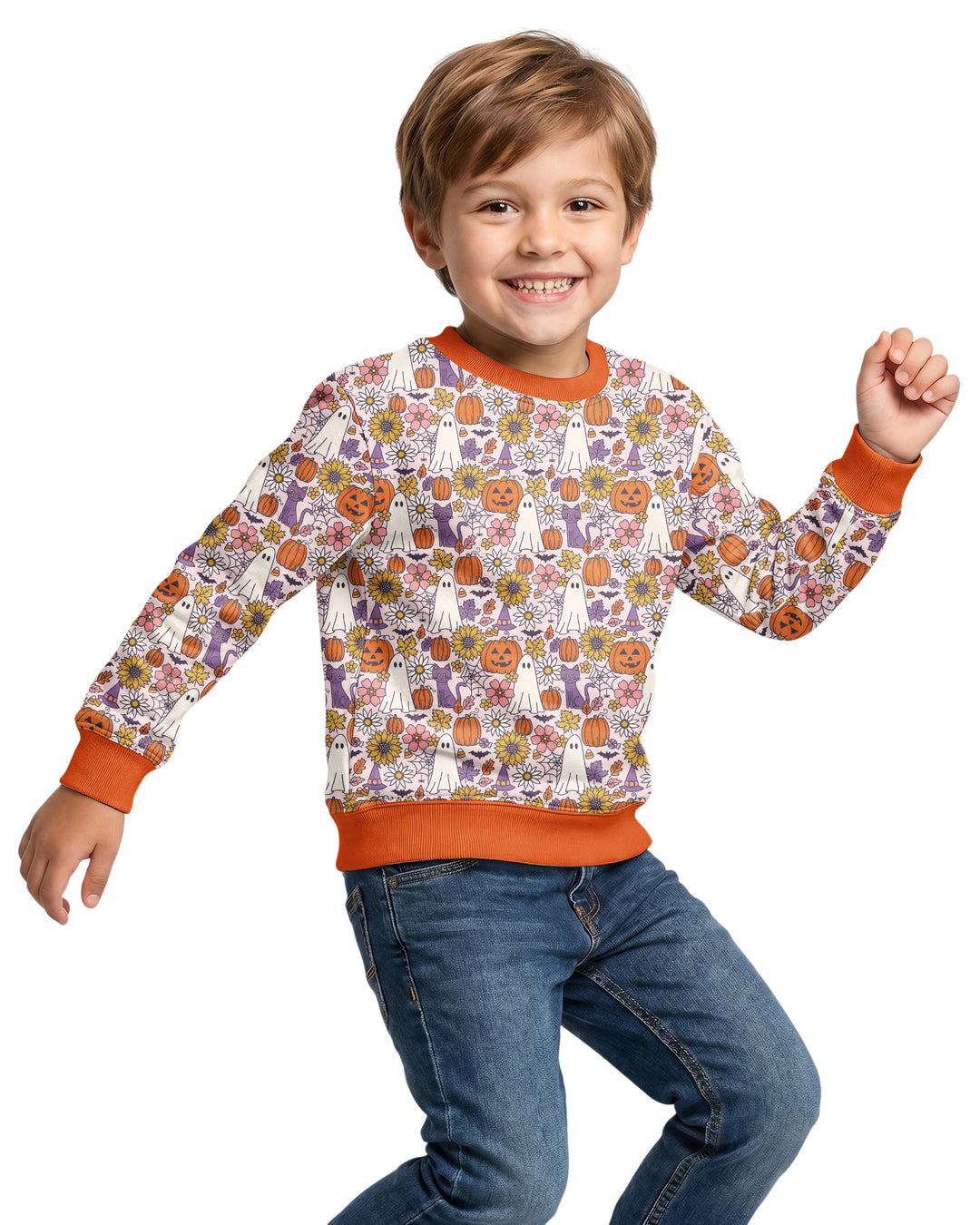 Ghost Pumpkin Fall Floral Halloween Bamboo Crewneck Sweatshirt