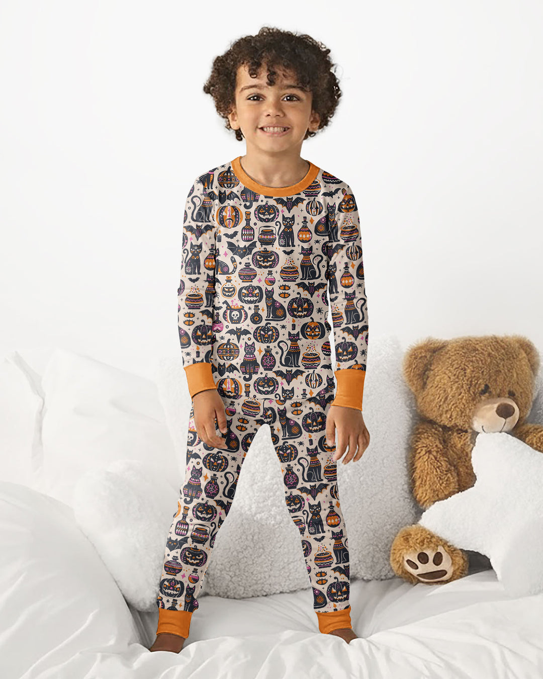 Whimsical Tribal Retro Halloween Black Cats Pumpkins Bamboo Two Piece Long Sleeve Pajama Set