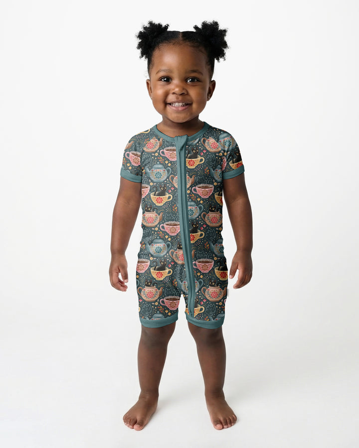 Folk Floral Black Cat Tea Party Bamboo Shorty Zippy
