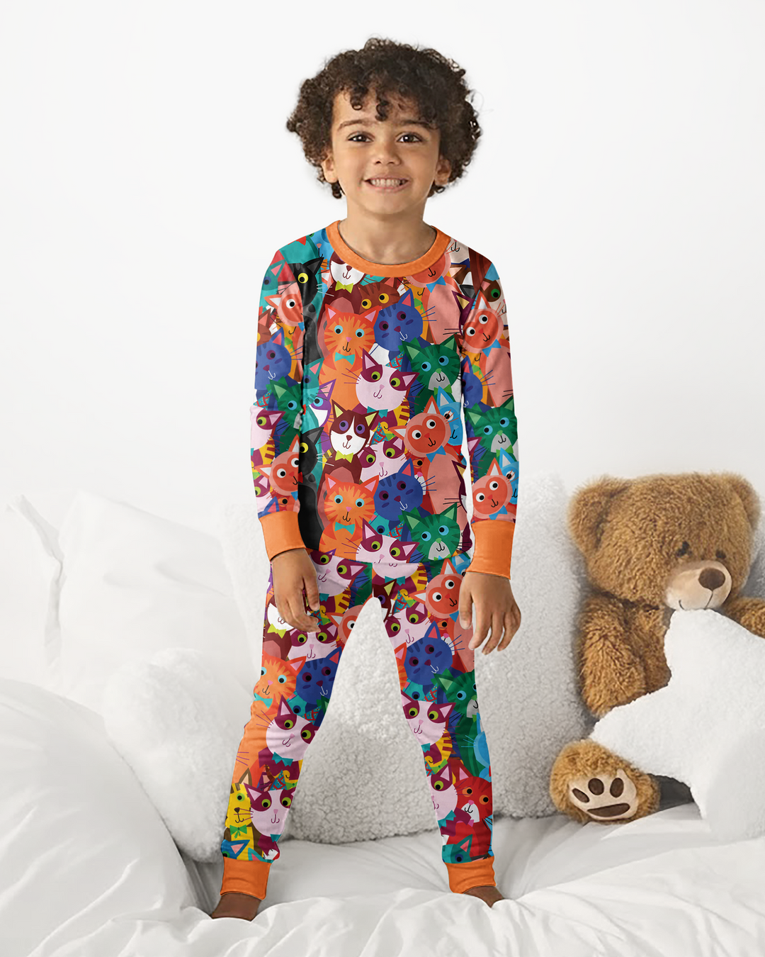 Colorful Cat Pattern Pattern Bamboo Two Piece Long Sleeve Pajama Set