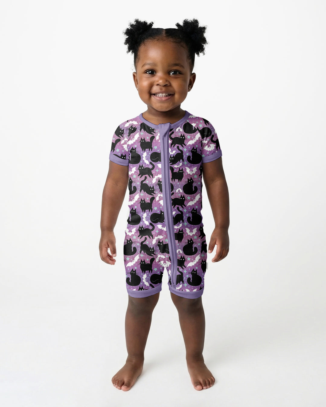 Spooky Black Cat Halloween Purple Bats Bamboo Shorty Zippy