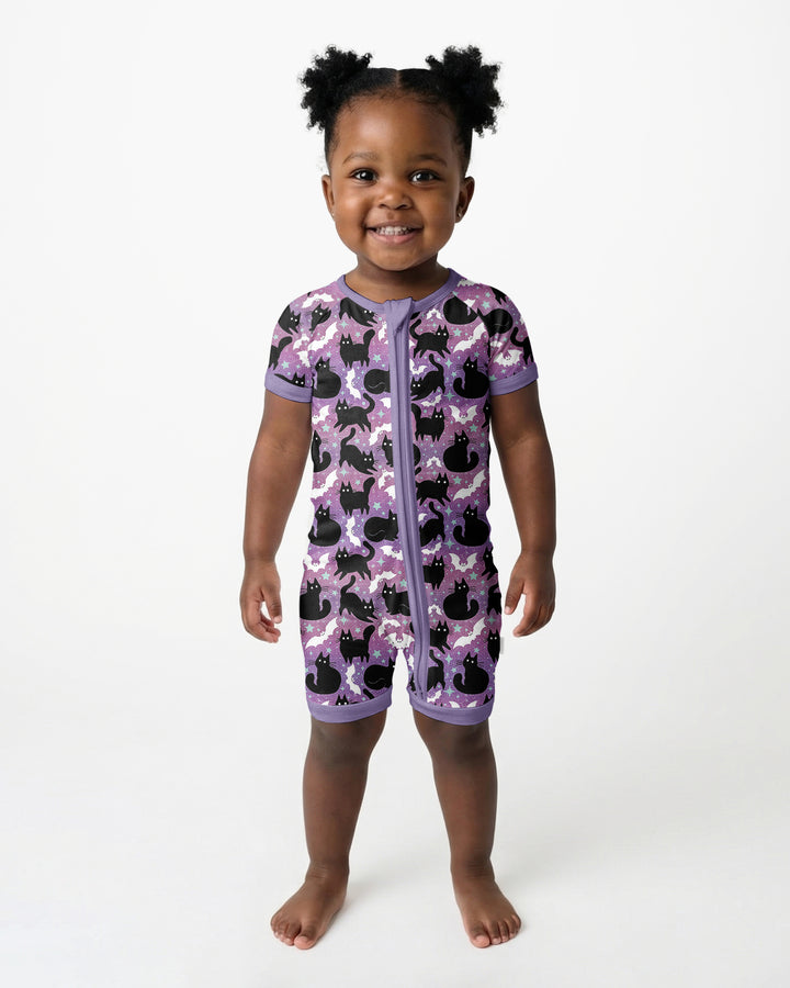 Spooky Black Cat Halloween Purple Bats Bamboo Shorty Zippy