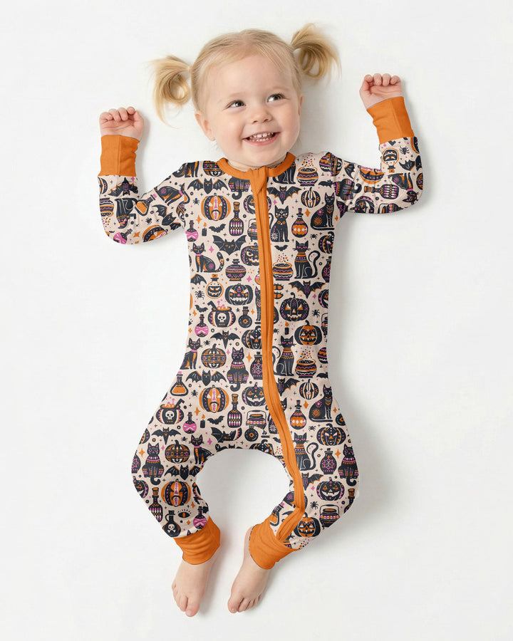Whimsical Tribal Retro Halloween Black Cats Pumpkins Bamboo Convertible Zippy