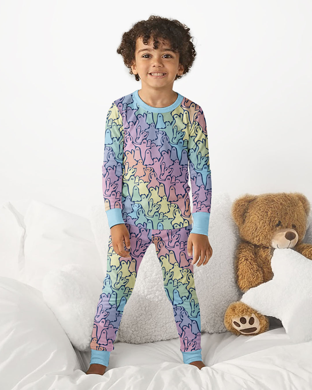 Pastel Rainbow Ghost Halloween Bamboo Two Piece Long Sleeve Pajama Set