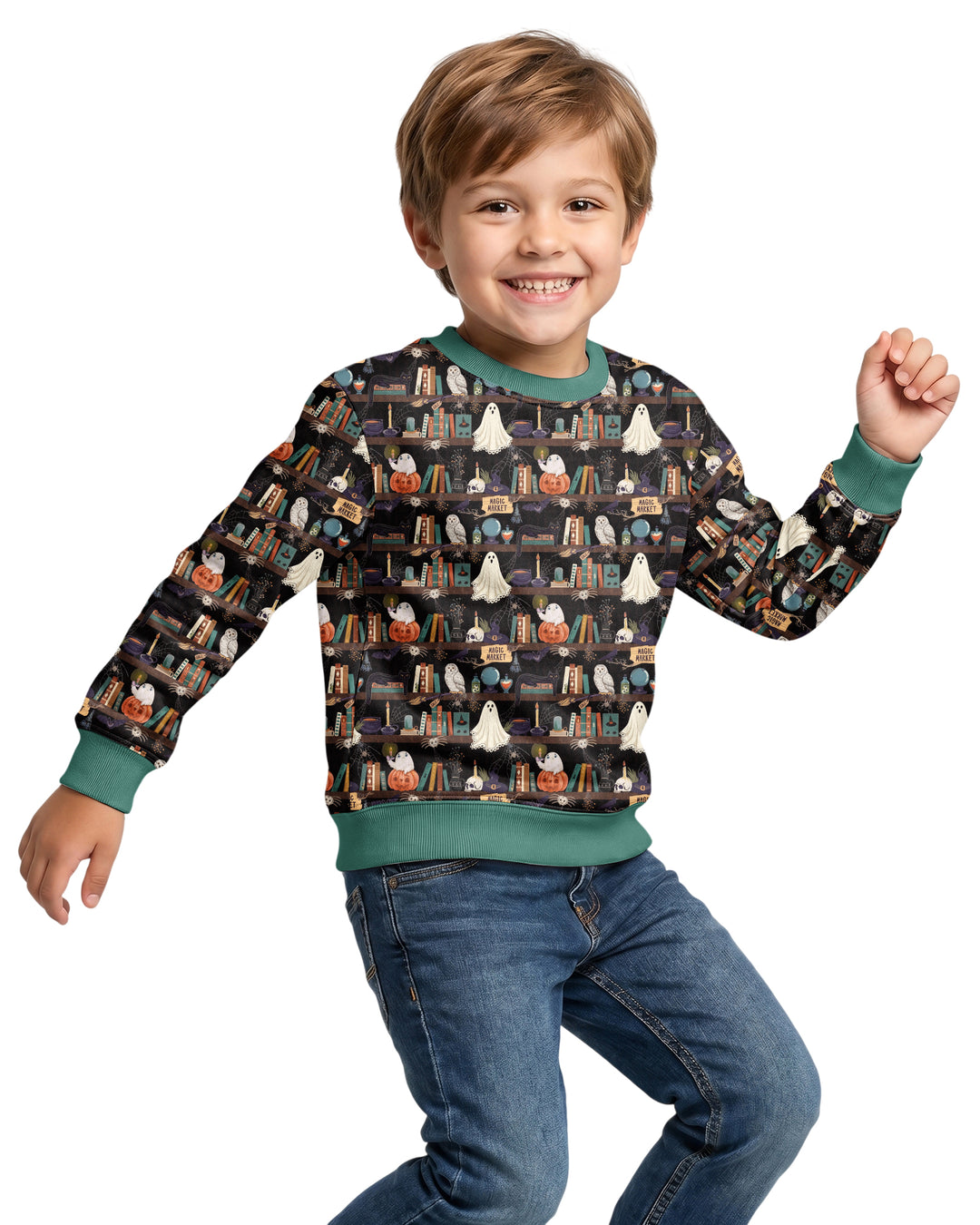 Cute Ghost Witchy Halloween Magic Library Bamboo Crewneck Sweatshirt