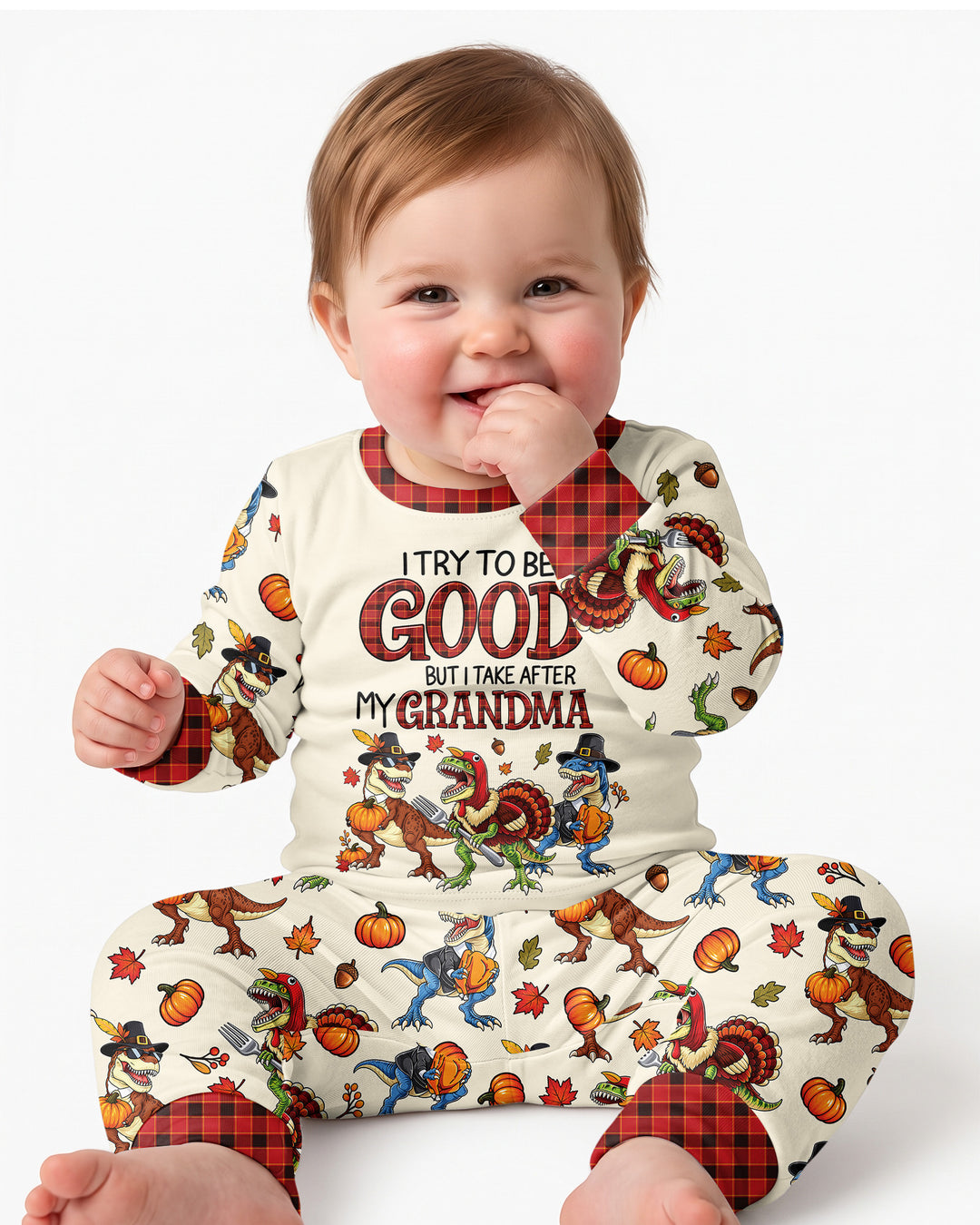 Dinosaur I Try To Be Good But I Take After My Grandma Bamboo Two Piece Long Sleeve Pajama Set