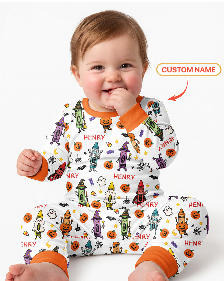 Custom Name Halloween Crayon Bamboo Two Piece Long Sleeve Pajama Set