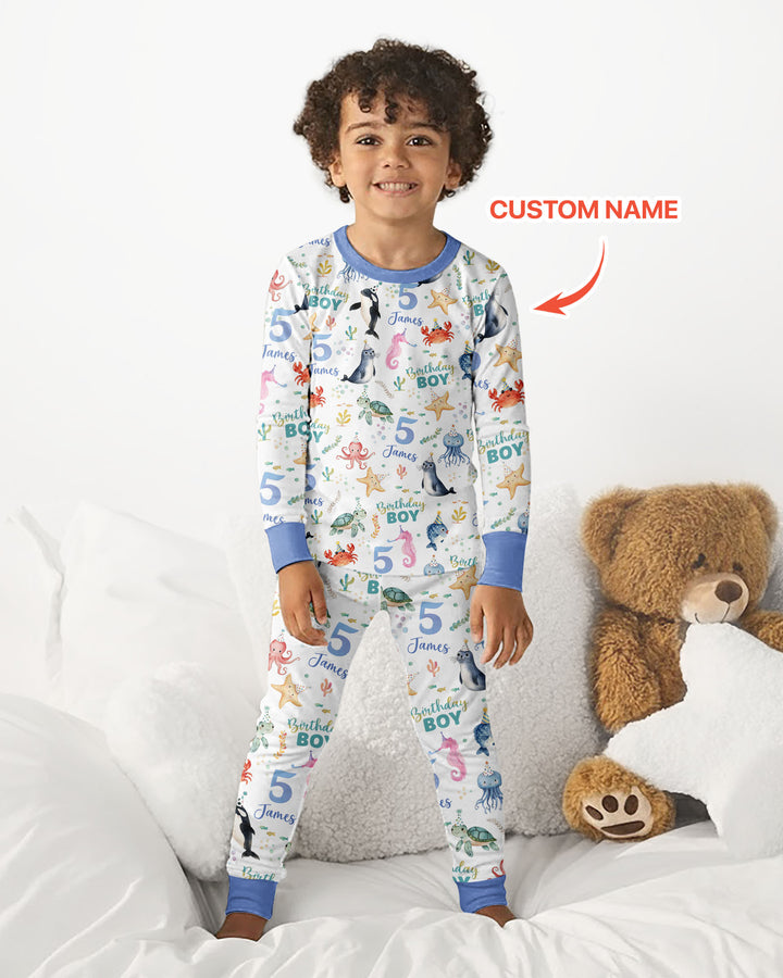 Birthday Under The Sea Custom Name & Age Bamboo Two Piece Long Sleeve Pajama Set