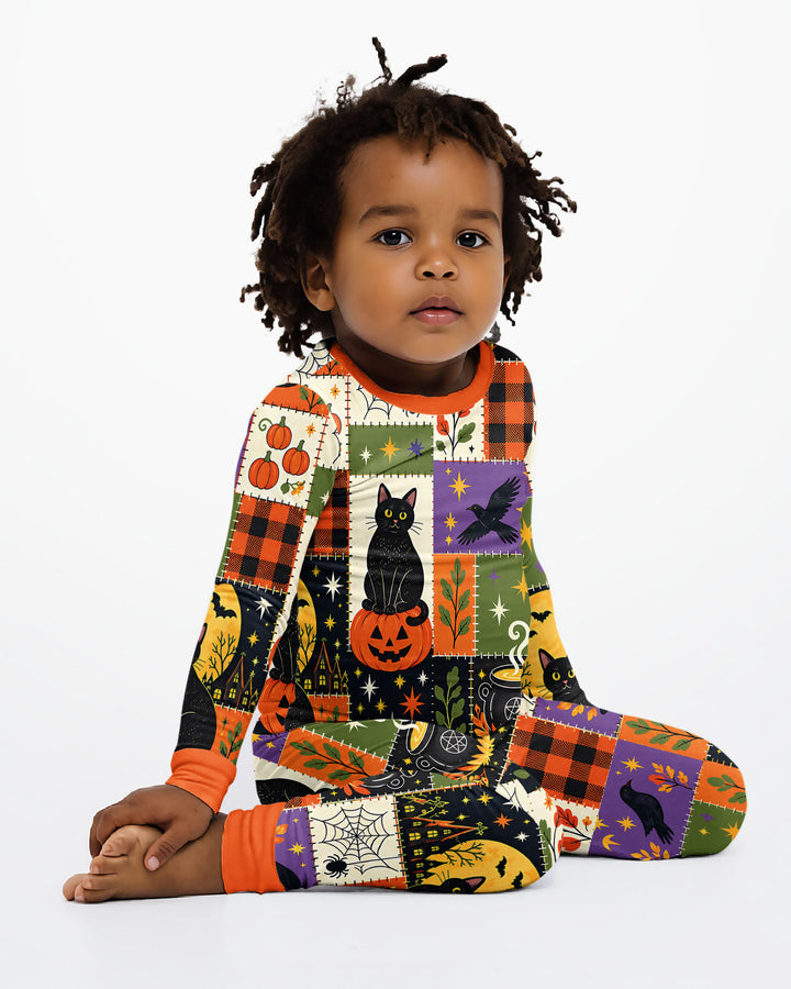 Halloween Black Cat Patchwork Bamboo Two Piece Long Sleeve Pajama Set