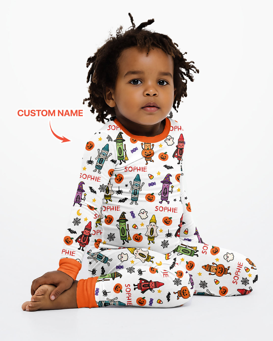 Custom Name Halloween Crayon Bamboo Two Piece Long Sleeve Pajama Set