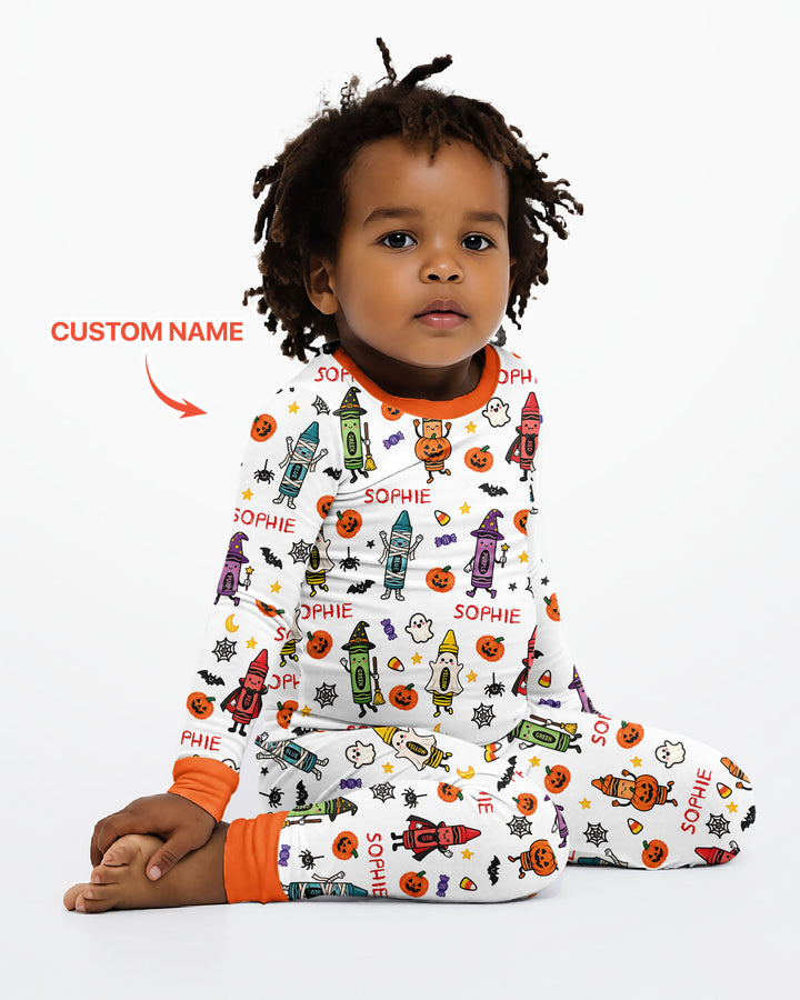 Custom Name Halloween Crayon Bamboo Two Piece Long Sleeve Pajama Set