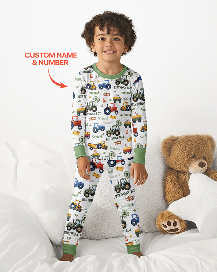 Custom Name and Age Tractor Birthday Boy Bamboo Two Piece Long Sleeve Pajama Set