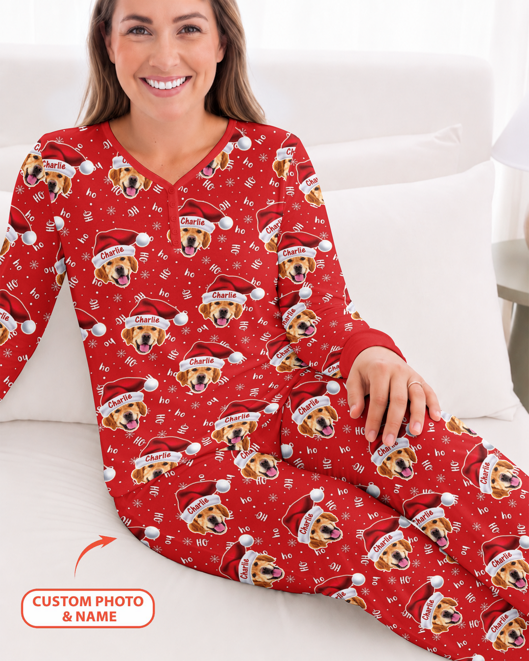 Custom Dog Photo Santa Claus Bamboo Women Pajama Set