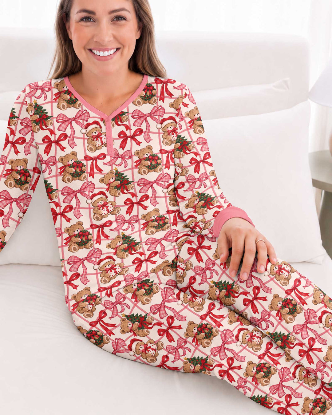 Pink Christmas Teddy Bear Plaid Mommy & Me Matching Bamboo Women Pajama Set