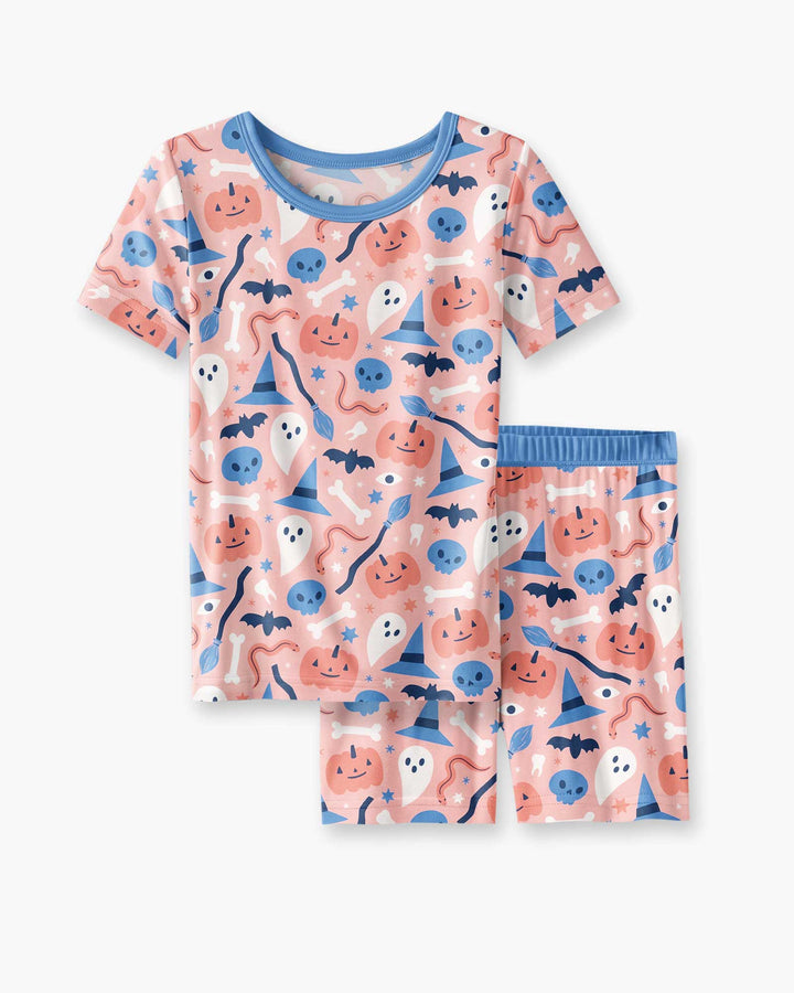 Pastel Pumpkins Skulls And Witch Craft Bamboo Two Piece Short Sleeve Shorts Pajama Set