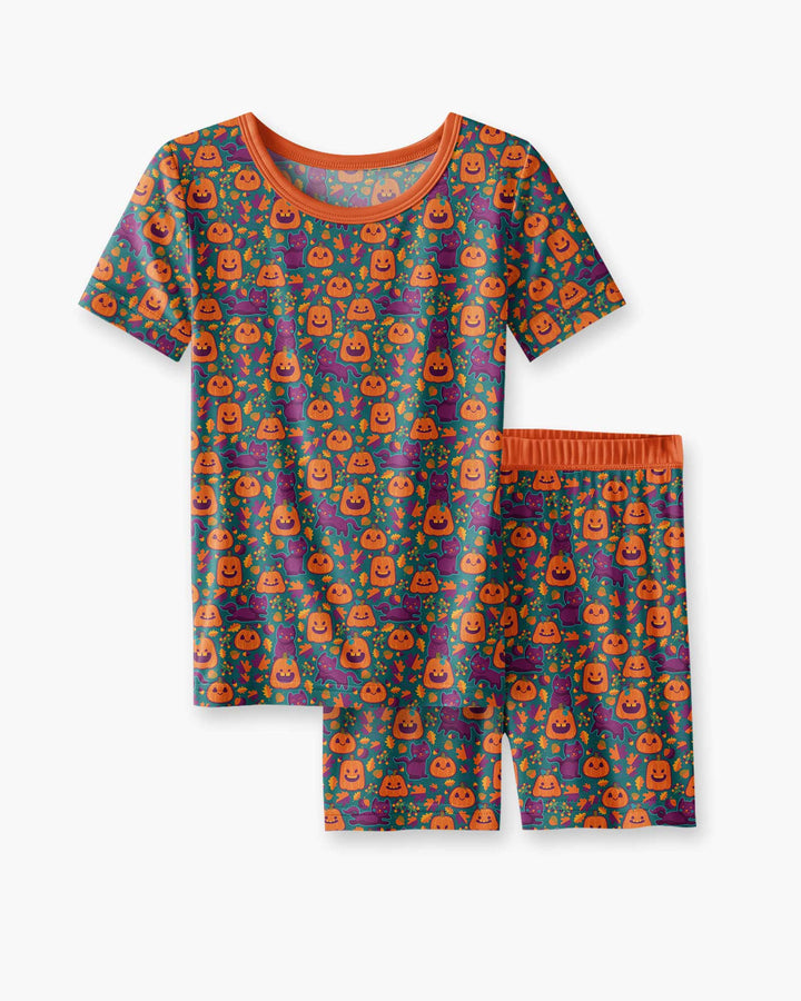 Cats and Pumpkins Bamboo Two Piece Short Sleeve Shorts Pajama Set