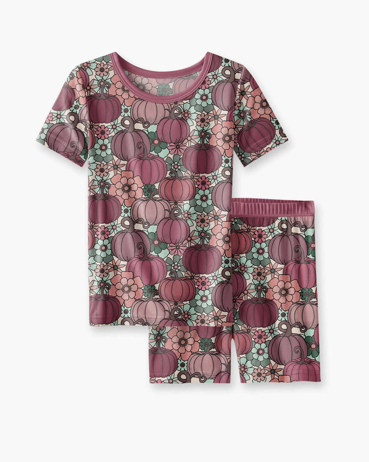 Retro Floral Pumpkin Patch Bamboo Two Piece Short Sleeve Shorts Pajama Set