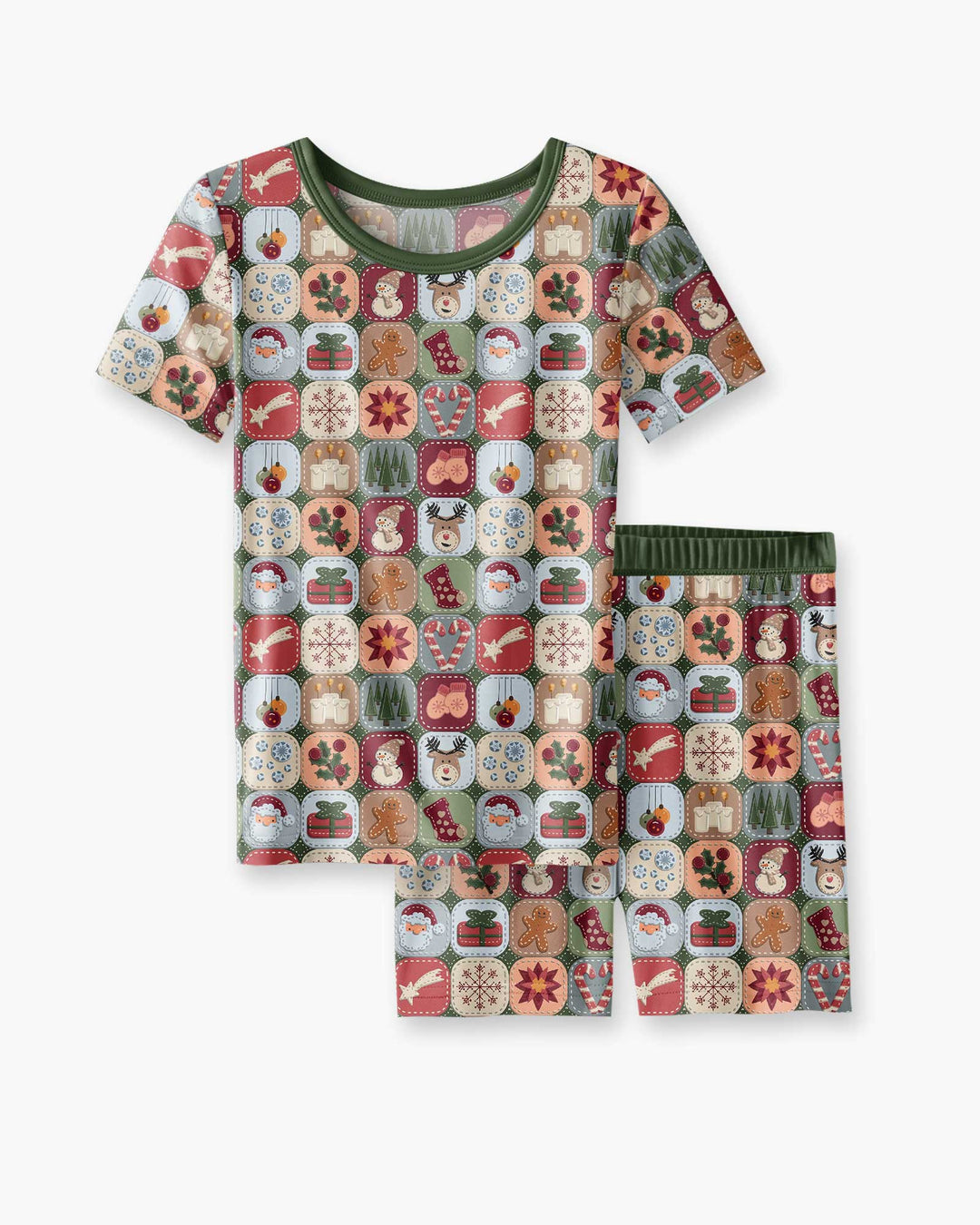 Christmas Felt Patchwork Bamboo Two Piece Short Sleeve Shorts Pajama Set