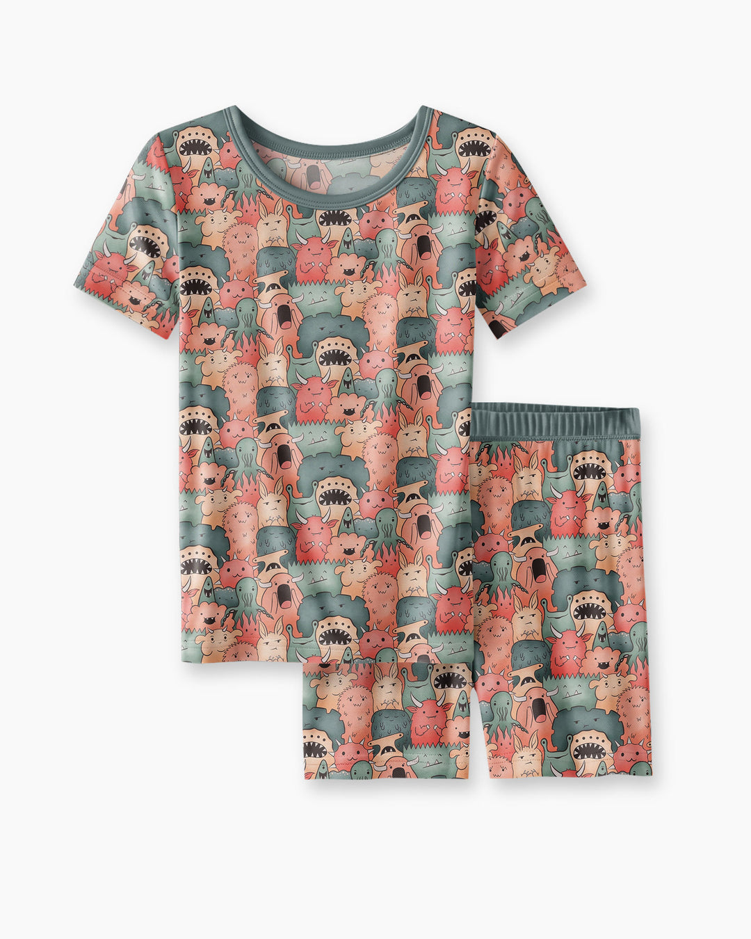 Cute Monster Crowd Bamboo Two Piece Short Sleeve Shorts Pajama Set